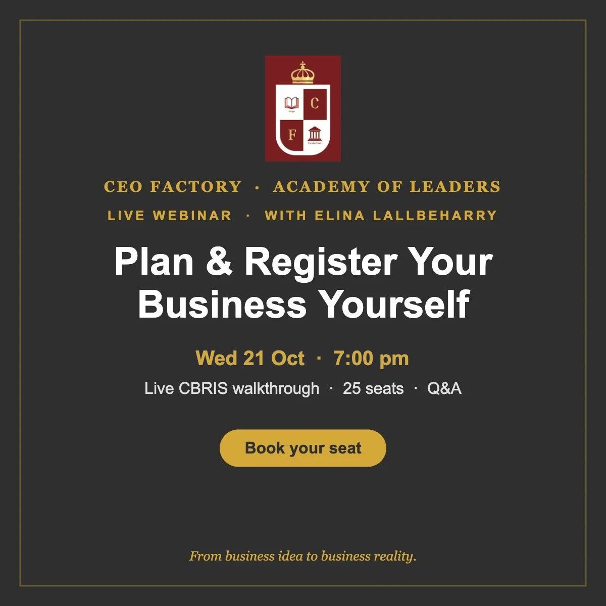 Plan & Register Your Business Yourself: live webinar, Wed 21 Oct, 7 pm